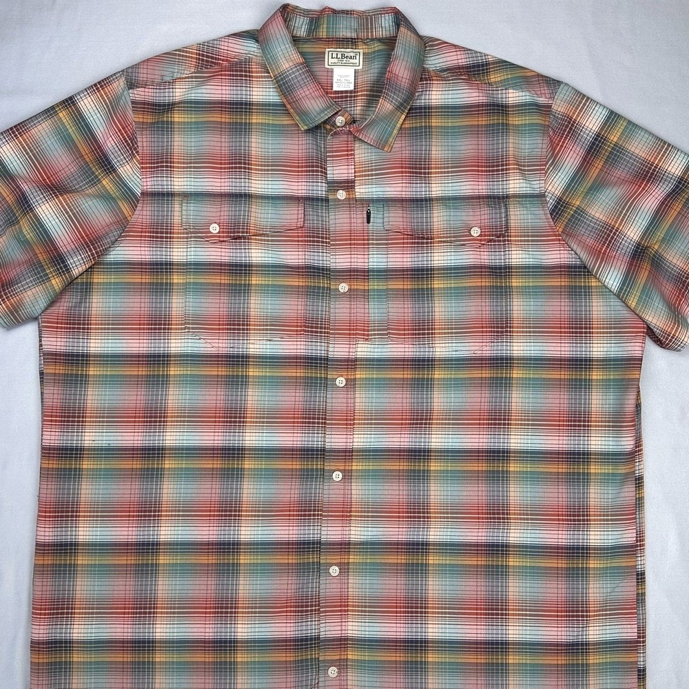 LL Bean Shirt Mens 2XL Tall Plaid Short Sleeve Button Up Performance‎ Outdoor